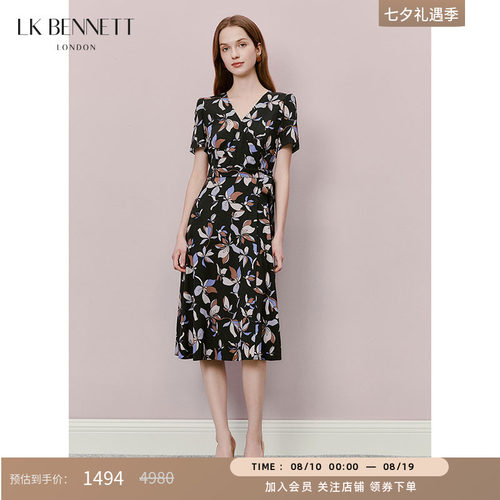 LK BENNETT黑色印花连衣裙夏新款V领腰部系带法式茶歇裙