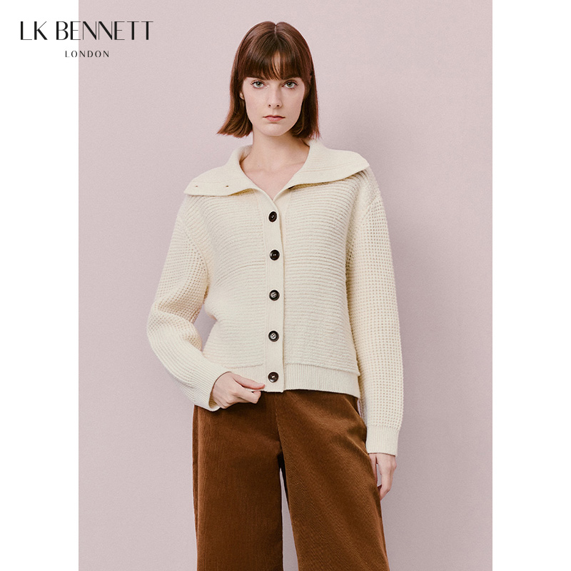 lkbennett米色针织开衫2025冬新100%绵羊毛简约翻领宽松毛衣外套