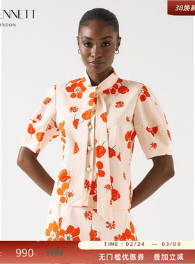 LK BENNETT橙色印花衬衫2025年夏新款气质飘带领设计花苞袖短款
