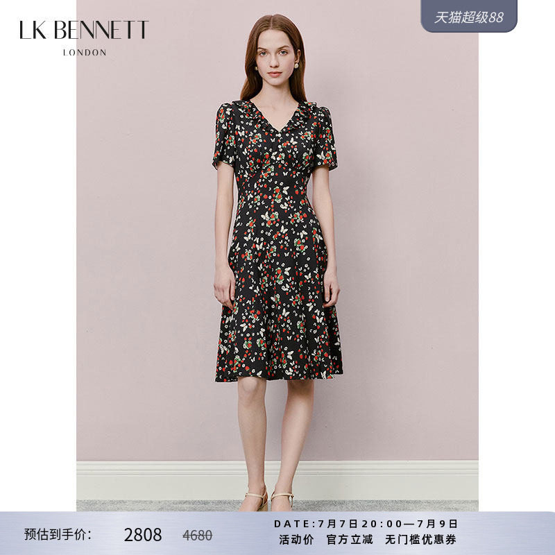 LK BENNETT黑色碎花连衣裙夏新款v领法式复古荷叶边真丝混纺印花