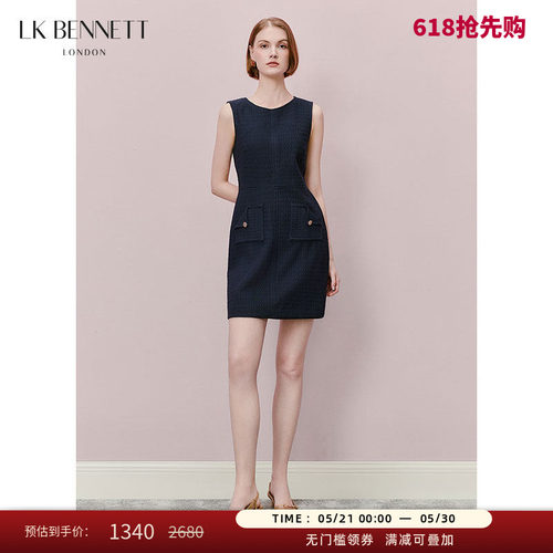 LK BENNETT深蓝色连衣裙夏新款气质圆领口袋设计收腰短款