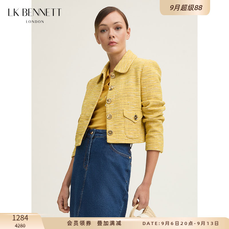 LK BENNETT黄色小香风外套春夏新款经典箱型金色纽扣短款图片