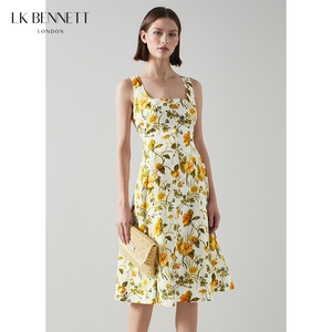LK BENNETT黄色印花无袖连衣裙方领度假风清新浪漫吊带裙