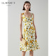 方领收腰a字中裙度假风吊带 连衣裙女夏季 BENNETT黄色印花无袖