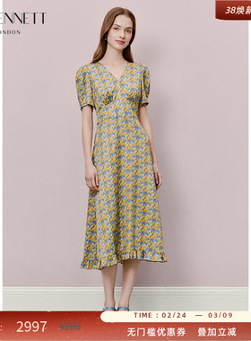 【朱珠同款】LK BENNETT黄色真丝印花连衣裙新款收腰法式复古优雅