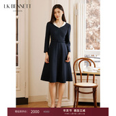 BENNETT深蓝v领连衣裙女冬新款 气质显瘦高级感翻领中长裙