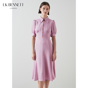 LK BENNETT温婉紫色连衣裙女春夏小翻领彩色珠扣收腰法式a字裙中