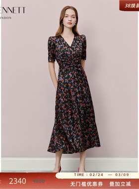 LK BENNETT黑色连衣裙2025年夏新款褶裥抽褶A字摆气质优雅泼墨印