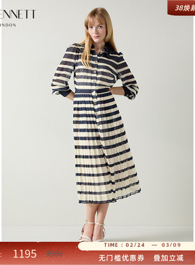 LK BENNETT蓝白条纹polo领连衣裙女秋新款通勤长袖衬衫式