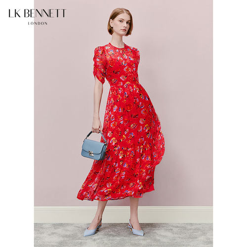 【闫妮同款】LK BENNETT红色印花连衣裙夏收腰显瘦碎花长裙