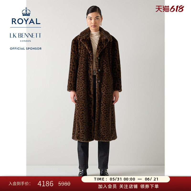 LK BENNETT【赛马会】咖啡色豹纹大衣外套女秋冬长款宽松气质毛绒