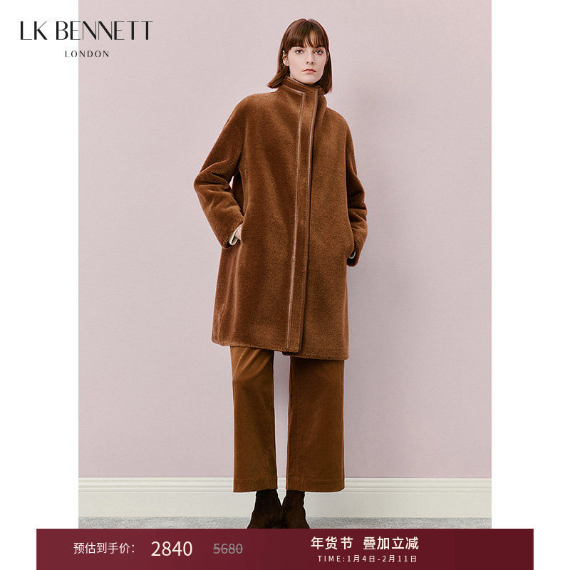 LK BENNETT棕色100%绵羊毛大衣2025冬新立领宽松高级感中长款外套