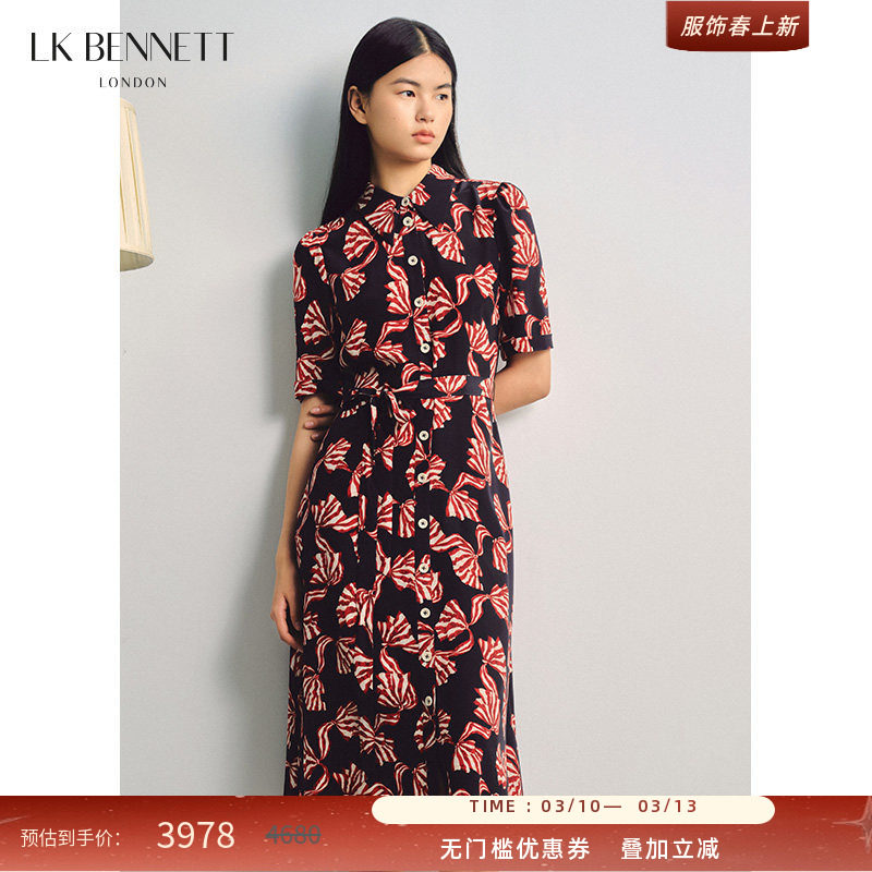 LK BENNETT红色印花真丝连衣裙女夏短袖收腰衬衫裙长裙桑蚕丝气质