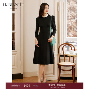 LK BENNETT黑色气质连衣裙女冬新款法式收腰显瘦褶皱小黑裙