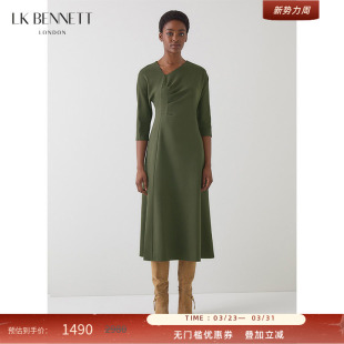 褶裥中长款 不规则领七分袖 BENNETT深绿色连衣裙女秋新款