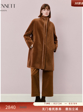 LK BENNETT棕色100%绵羊毛大衣2025冬新立领宽松高级感中长款外套
