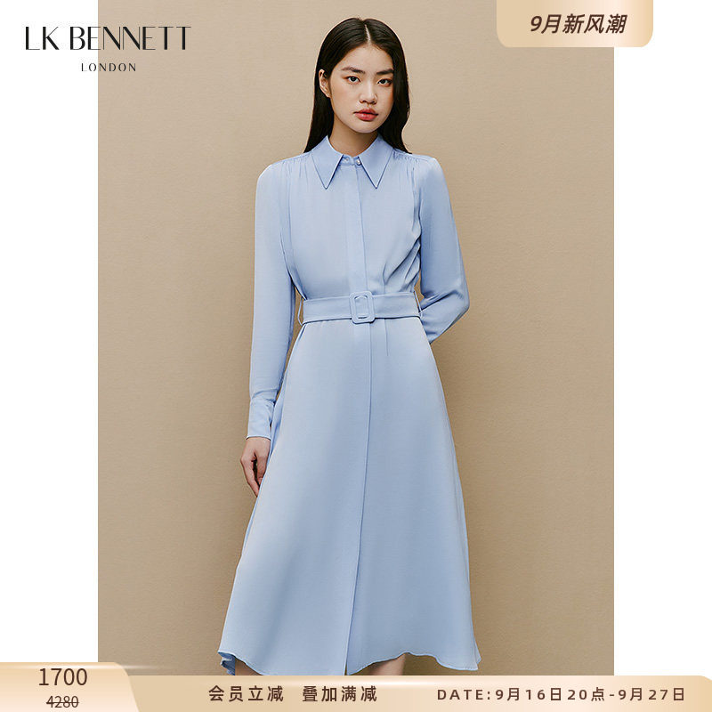 LK BENNETT浅蓝色女士连衣裙新款春季长袖收腰衬衫裙法式长裙