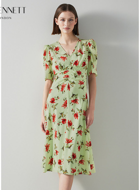 【朱珠同款】LK BENNETT绿色连衣裙女v领法式印花优雅桑蚕丝混纺