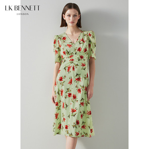 【朱珠同款】LK BENNETT绿色连衣裙女v领法式印花优雅桑蚕丝混纺