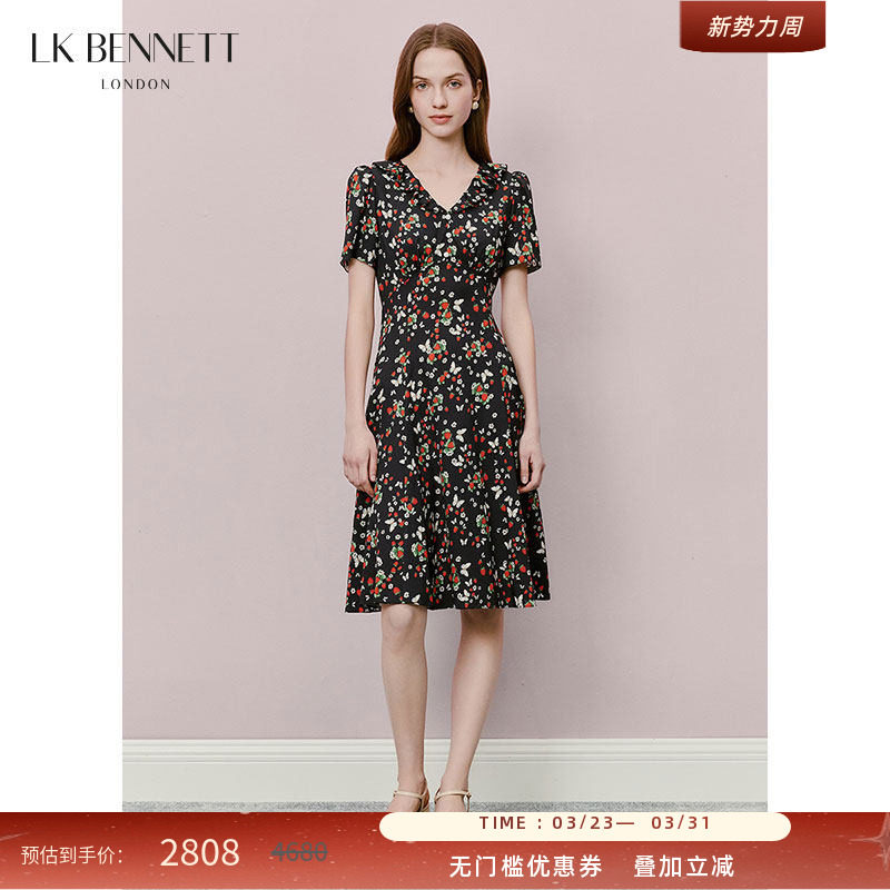 LK BENNETT黑色碎花连衣裙夏新款v领法式复古荷叶边真丝混纺印花