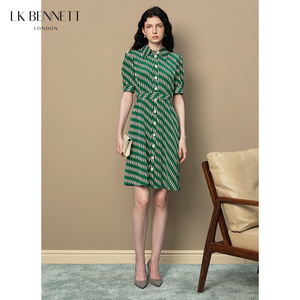 LK BENNETT绿色polo领真丝连衣裙女新款法式短袖收腰显瘦衬衫裙