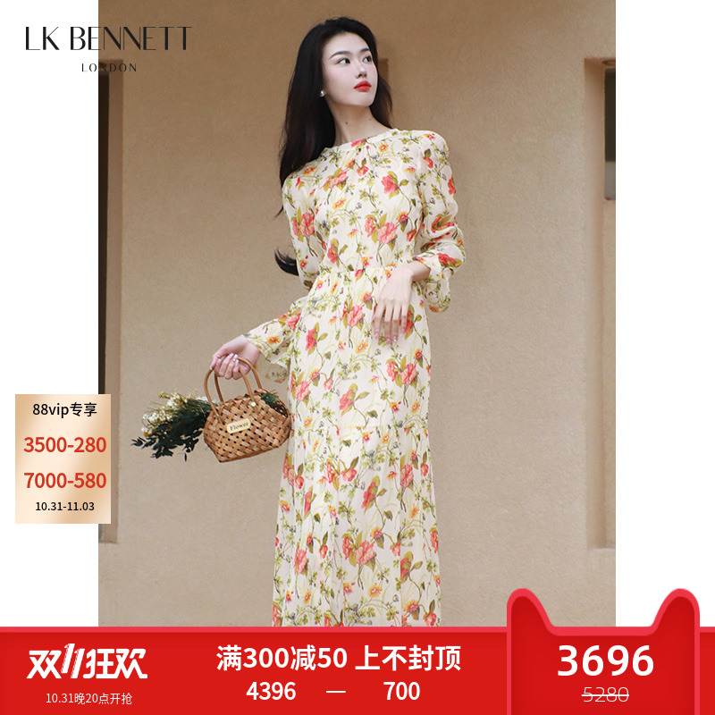 【100%桑蚕丝】lkbennett真丝长袖连衣裙女2023新款秋装印花长裙