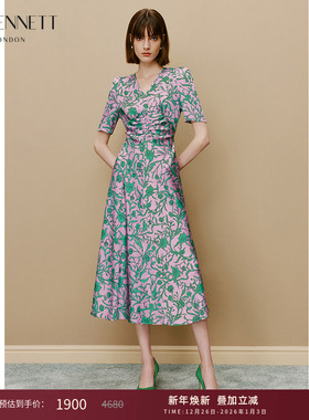 lkbennett紫色v领连衣裙女新款夏季褶皱印花短袖修身显瘦长裙