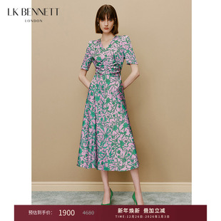 修身 褶皱印花短袖 显瘦长裙 夏季 lkbennett紫色v领连衣裙女新款