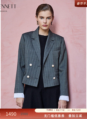 LK BENNETT灰色小西服2025冬季新款通勤西装领英伦双排扣短款外套