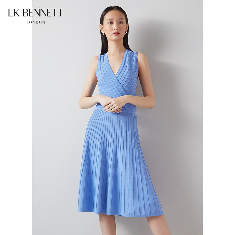 LK BENNETT蓝色针织连衣裙女春秋203新款珠绣无袖v领小礼服长裙