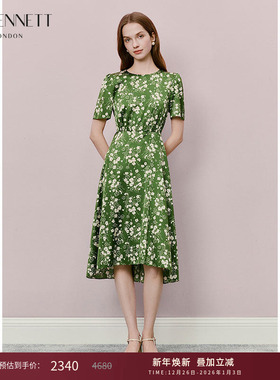 lkbennett绿色印花连衣裙2025年夏新款圆领收腰法式复古优雅