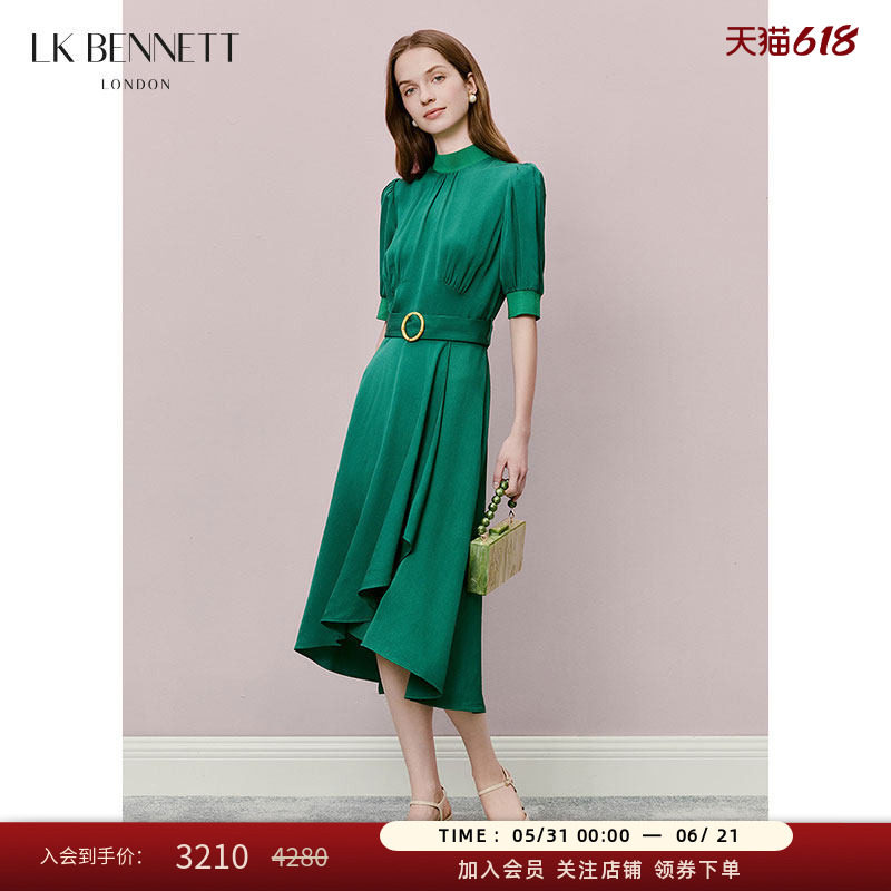 LK BENNETT绿色连衣裙夏新款立领泡泡袖收腰不规则裙摆中裙
