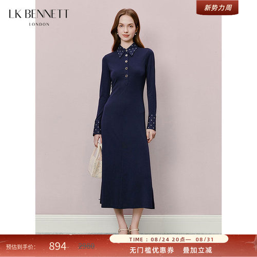 LK BENNETT深蓝色连衣裙春新款复古波点拼接POLO领修身长袖