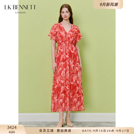 LK BENNETT红色印花连衣裙女26秋新款法式复古收腰度假风中长裙