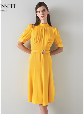 【明星同款】LK BENNETT黄色连衣裙女秋垂坠感优雅小礼服裙中长款