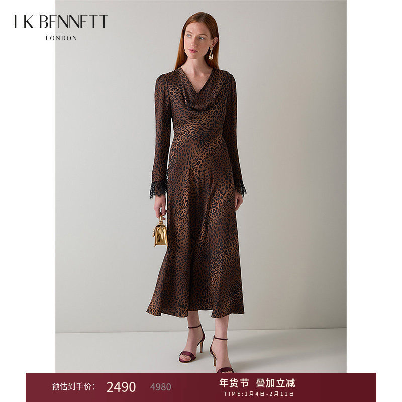 LK BENNETT袖口蕾丝豹纹连衣裙2025年秋新款V型堆领收腰中长款裙,女装/女士精品,连衣裙,淘宝优惠券,粉丝福利购,淘宝优惠卷