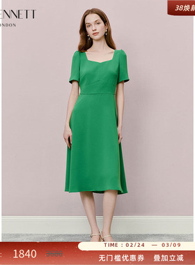 LK BENNETT绿色连衣裙2025年夏新款方领小礼裙简约高级短袖中长款