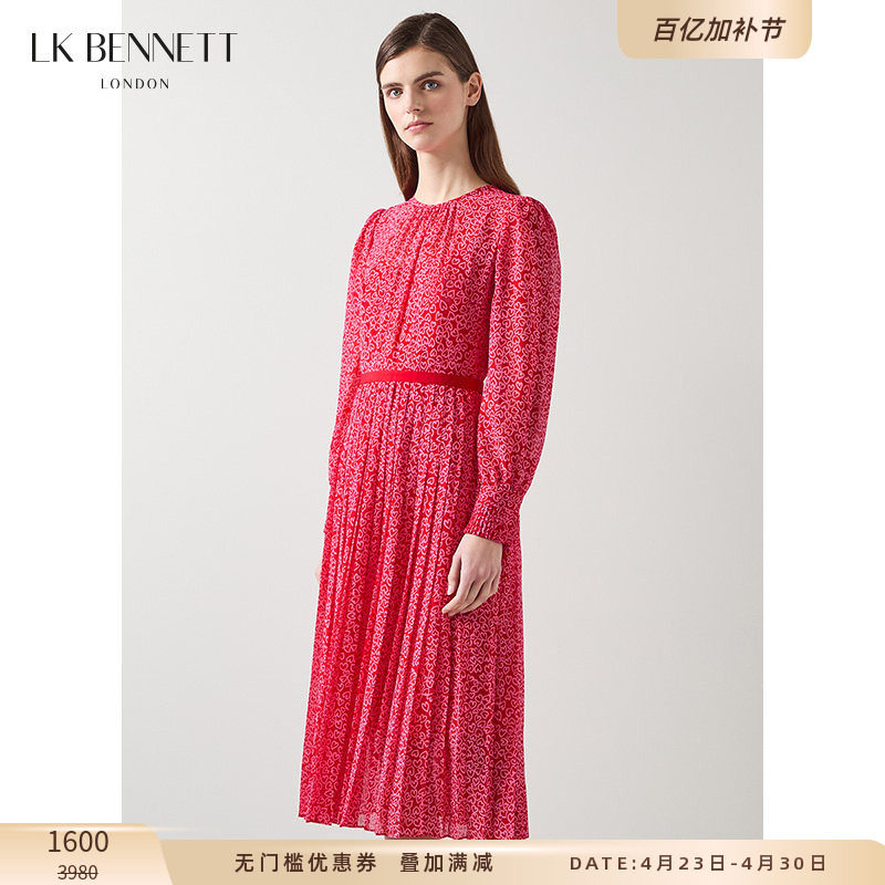 LK BENNETT红色爱心印花连衣裙女新款春季长袖薄纱百褶裙长裙