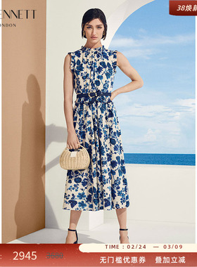 LK BENNETT蓝色立领印花裙2025年夏季新款纯棉无袖荷叶边a字连衣