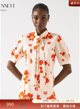 LK BENNETT橙色印花衬衫2025年夏新款气质飘带领设计花苞袖短款