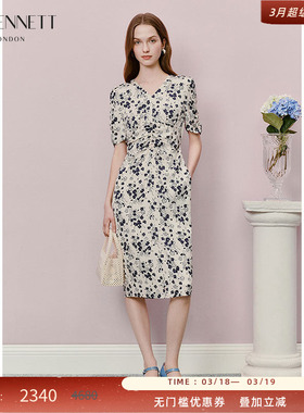 LK BENNETT米色素雅印花连衣裙2025年夏新款V领收腰中长款法式优