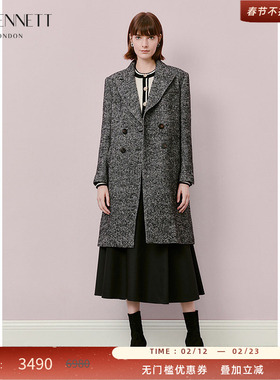 【吴谨言同款】LK BENNETT灰色棉羊毛大衣25年中长鱼骨纹西装翻领