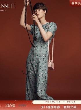 LK BENNETT缎面真丝连衣裙女夏100%桑蚕丝法式气质高腰碎花裙长裙