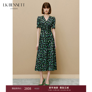 收腰气质连衣裙 法式 lkbennett绿色v领印花连衣裙女新款 夏季
