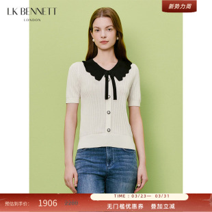 桑蚕丝混纺撞色娃娃领短袖 新款 2026夏季 BENNETT白色套头针织衫