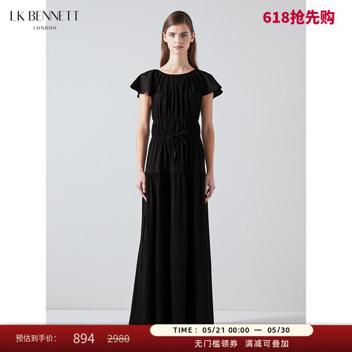 LK BENNETT黑色荷叶边连衣裙女夏新款收腰度假风沙滩长裙礼服