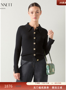 LK BENNETT黑色针织开衫外套2025冬季新款polo领修身短款单穿上衣