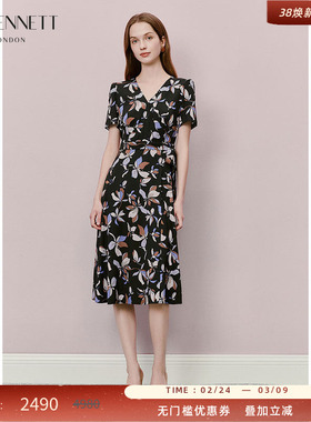 LK BENNETT黑色印花连衣裙2025年夏新款V领腰部系带法式茶歇裙