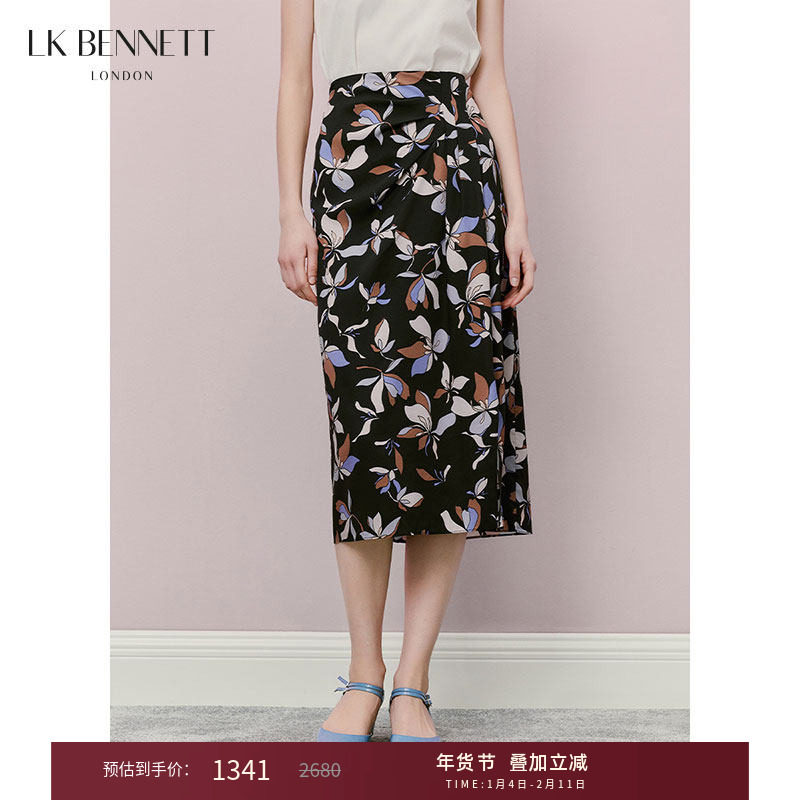 LK BENNETT黑色印花半身裙2025夏季新款法式优雅a字中长款开衩设,女装/女士精品,半身裙,淘宝优惠券,粉丝福利购,淘宝优惠卷