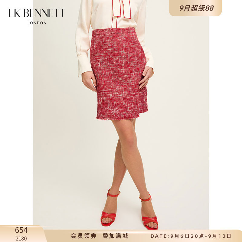 LK BENNETT红色小香风半身裙女春夏新款高腰粗花呢a字短裙
